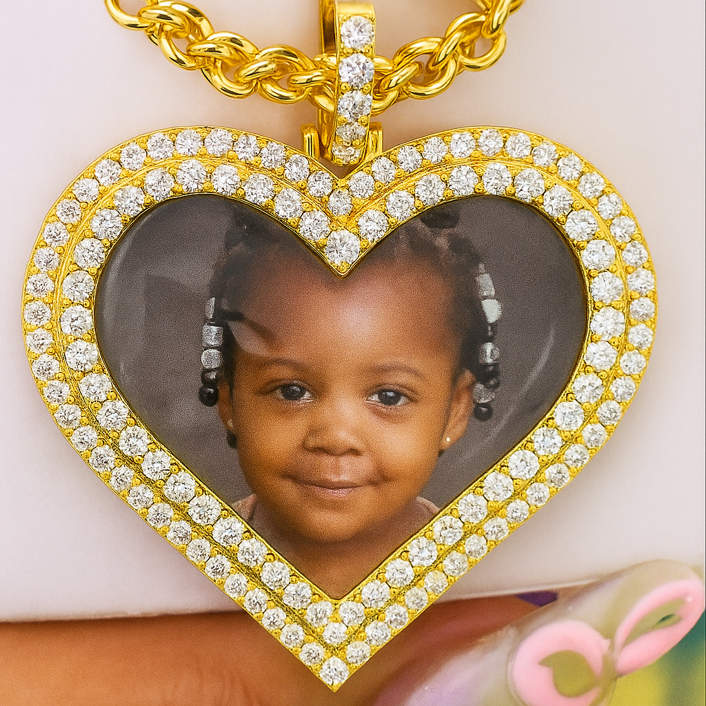 Rope Chain Custom Heart Shape Double Rows Zircon Custom Photo Necklace