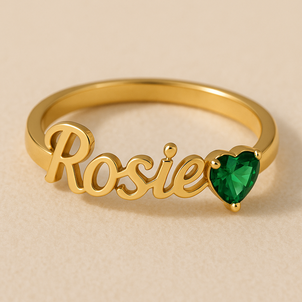 Personalized Heart Birthstone Name Ring Gold Plated