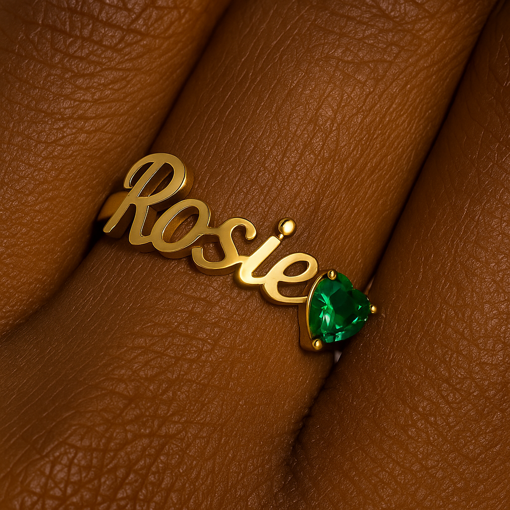 Personalized Heart Birthstone Name Ring Gold Plated