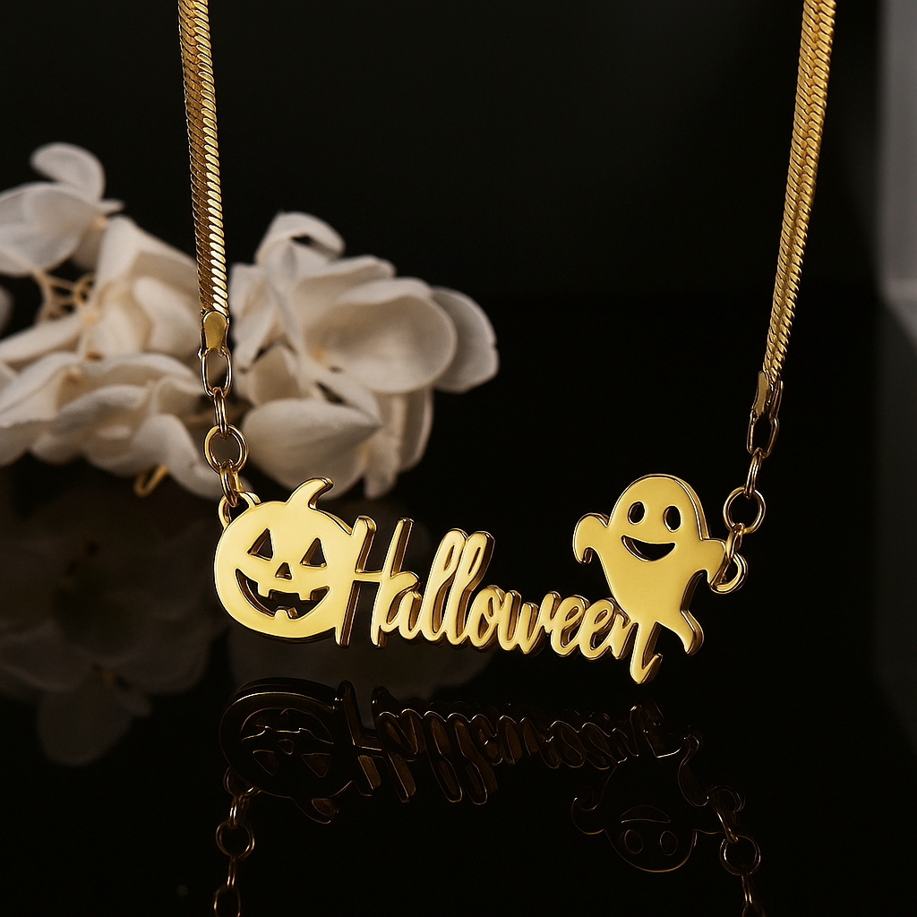 Snake Chain Halloween Pumpkin Ghost Nameplate Pendant Necklace