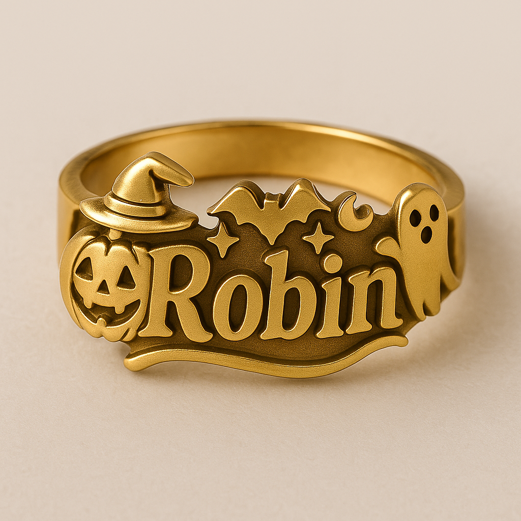 Halloween 3D Cute Pumpkin Ghost Engraved Custom Name Ring