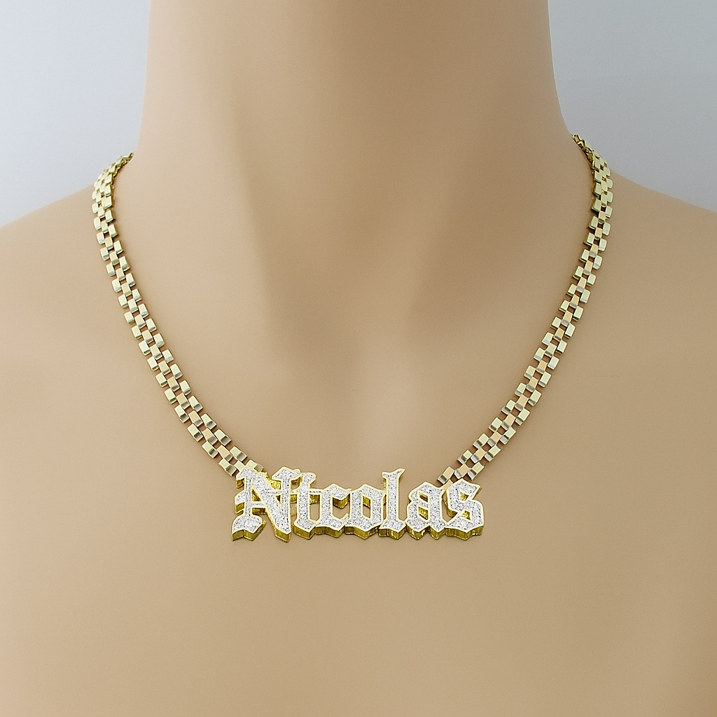 Custom Two Tone Double Layer Old English Font Name Necklace with Rx Chain