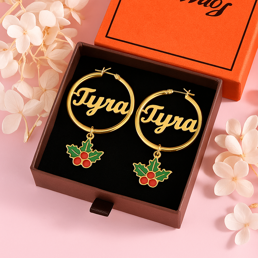 Christmas Holly Pendant Custom Name Hoop Earrings