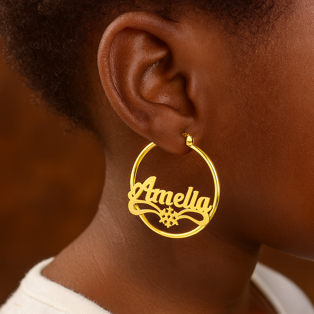 Custom Gold Plated Snowflake Nameplate Hoop Earrings