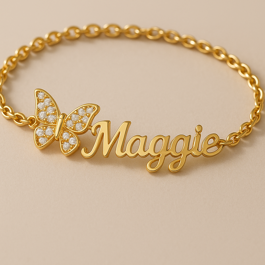 Zirconia Butterfly Personalized Name Bracelet Gold Plated