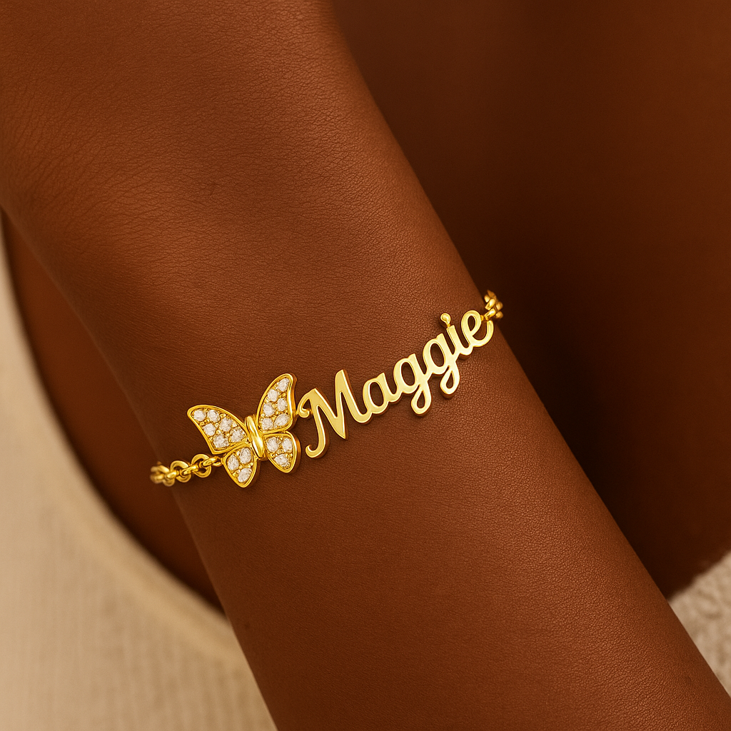 Zirconia Butterfly Personalized Name Bracelet Gold Plated