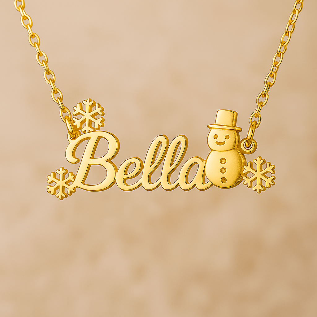 Christmas Snowflake and Snowman Nameplate Pendant Necklace