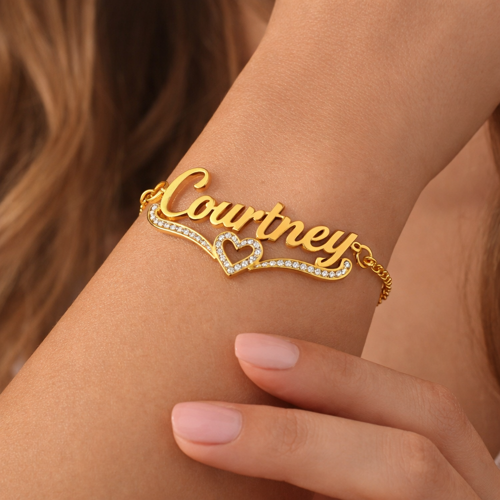 Personalized Gold Plated Zirconia Heart Name Bracelet