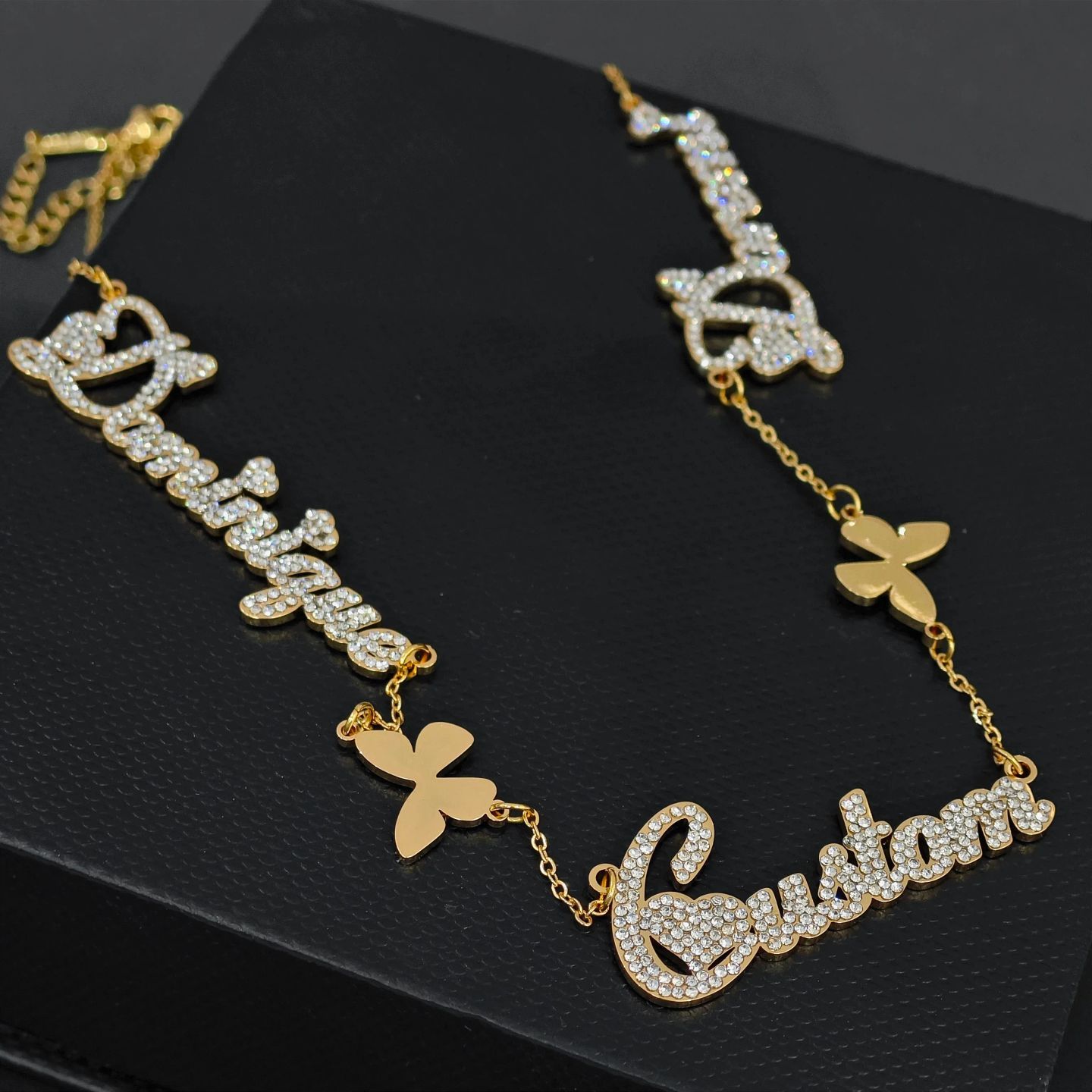 Custom Three Crystal Nameplate Necklace With Butterfly