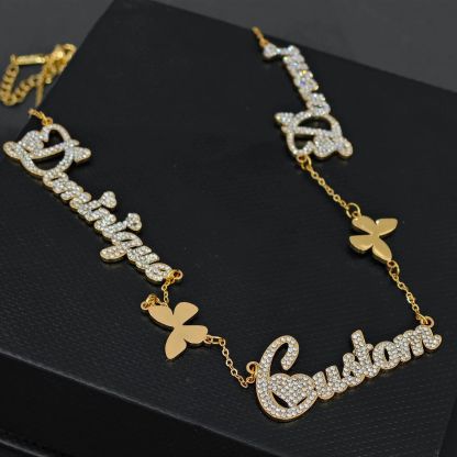Custom Three Crystal Nameplate Necklace With Butterfly