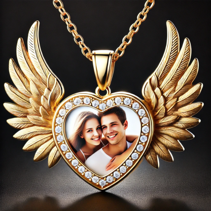 Heart Zircon Wings Pendant Photo Necklace