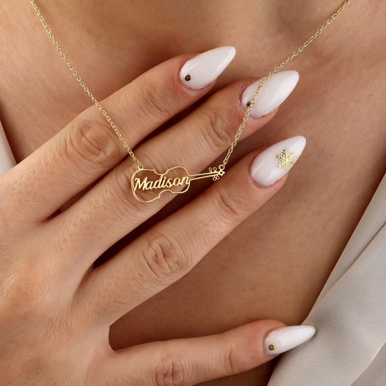 Personalized Violin Pendant Gold Plated Name Necklace