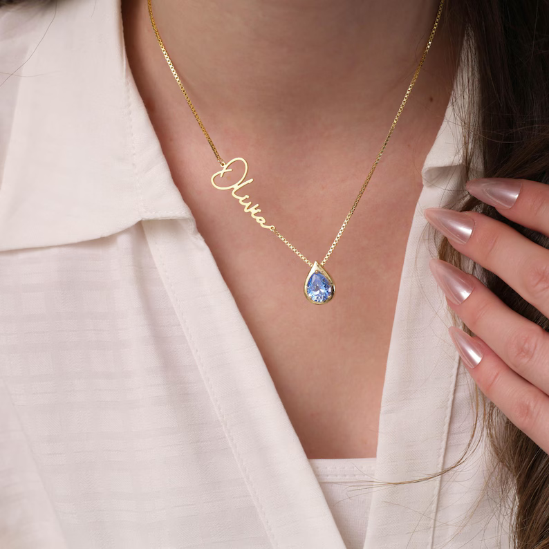 Personalized Custom Gold Plated Birsthstone Name Necklace