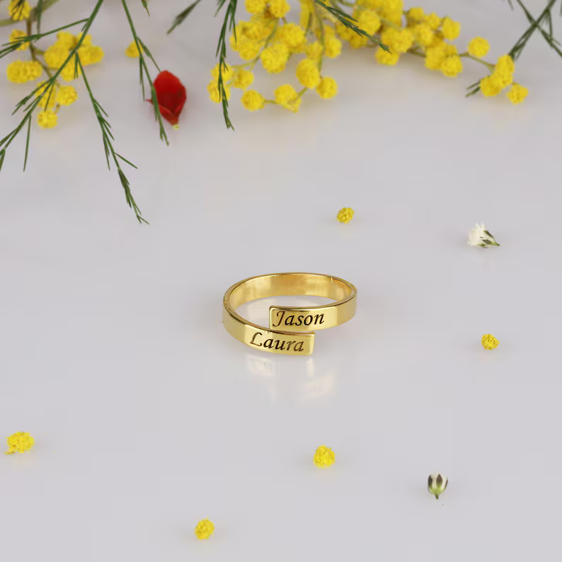 Two Names Gold Plated Engraved Couples Names Ring