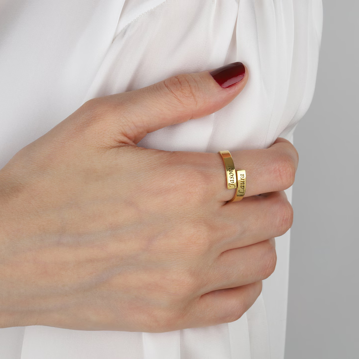 Two Names Gold Plated Engraved Couples Names Ring