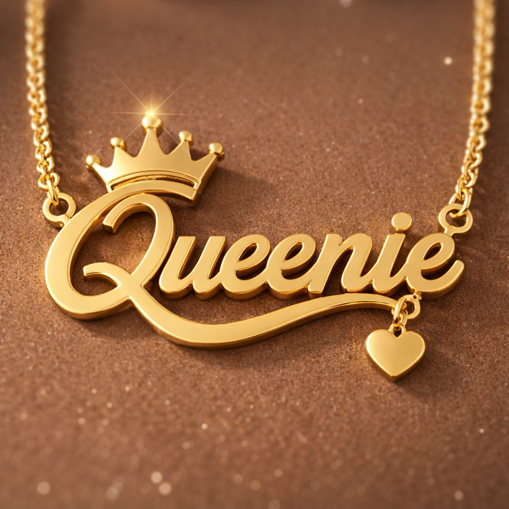 Custom Personalized Crown Nameplate Necklace with Underline Heart Pendant