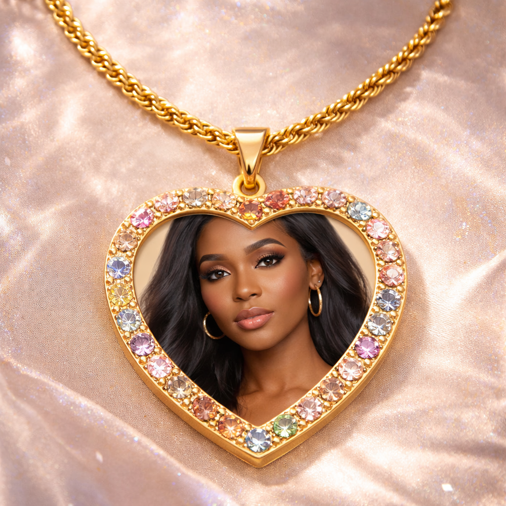 Multi-color Gemstone Custom Heart Shape Photo Pendant Necklace