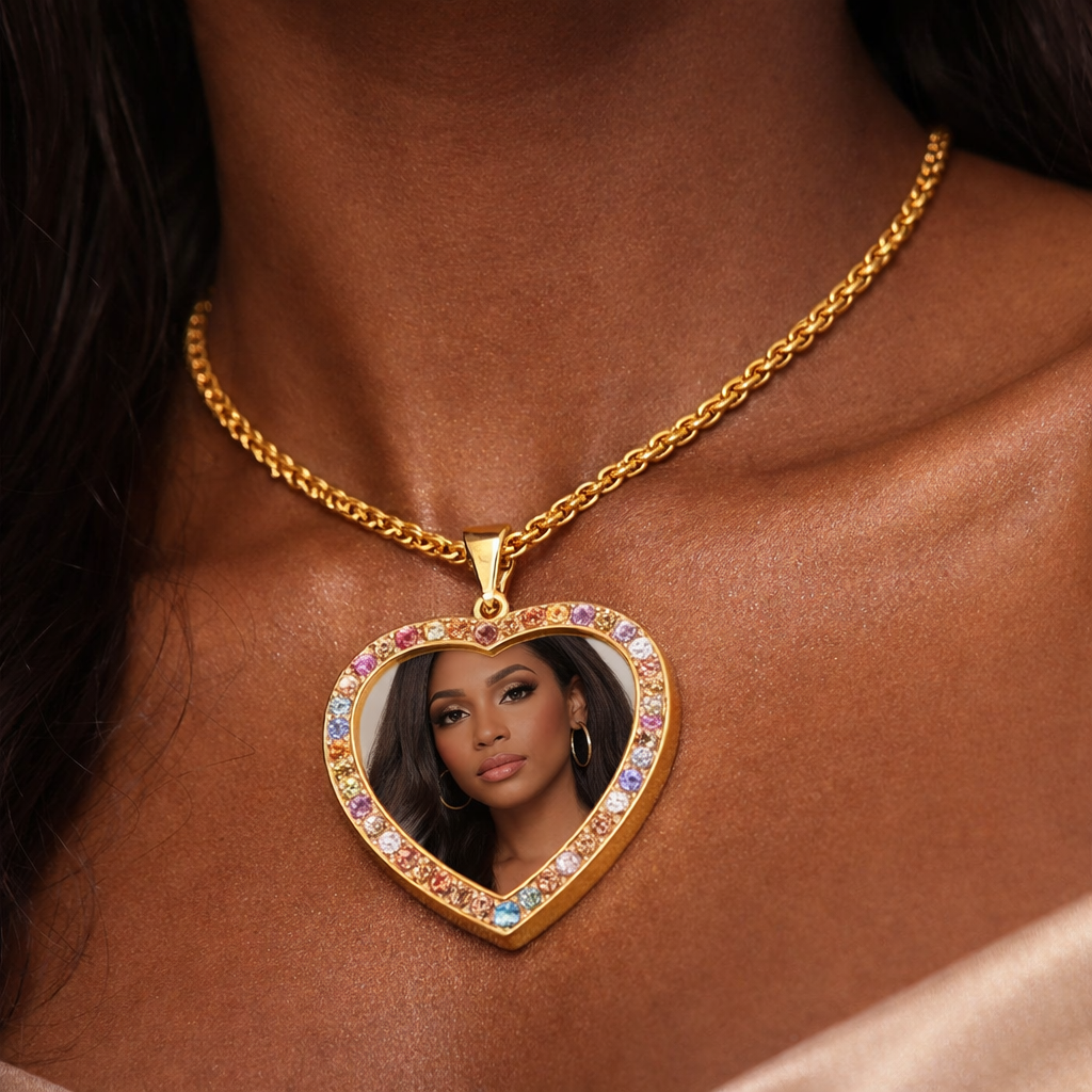 Multi-color Gemstone Custom Heart Shape Photo Pendant Necklace