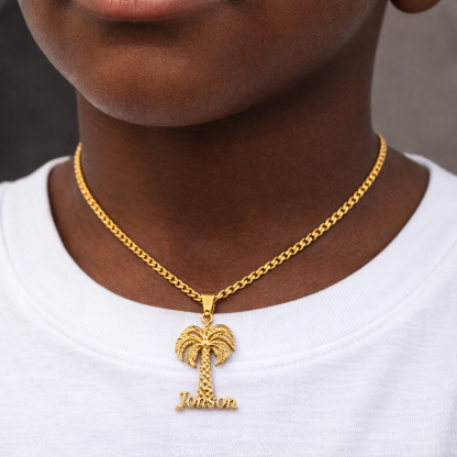 Custom Vintage Style Diamond Cut Coconut Tree Pendant Name Necklace
