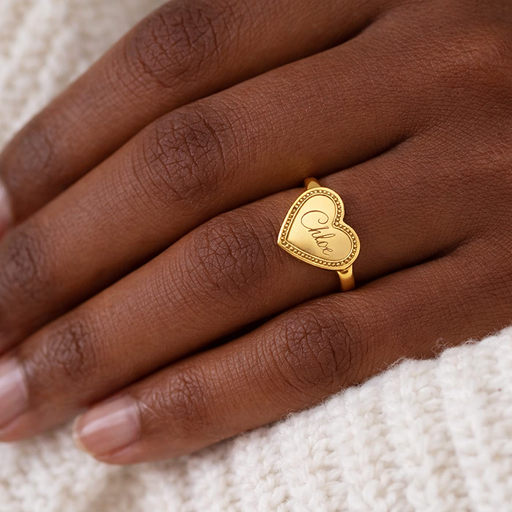 Classic Heart Shape Engraved Name Ring Gold Plated
