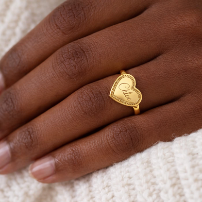 Classic Heart Shape Engraved Name Ring Gold Plated