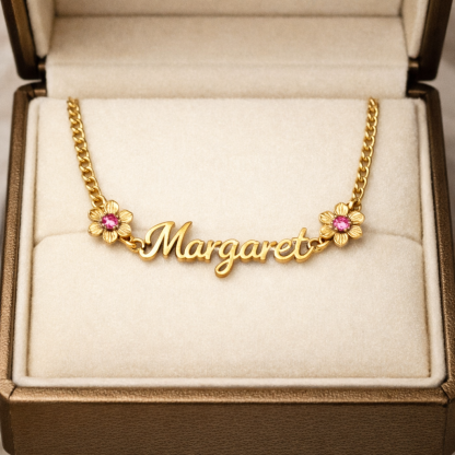 Double Flowers with Birthstones Persnalized Name Necklace