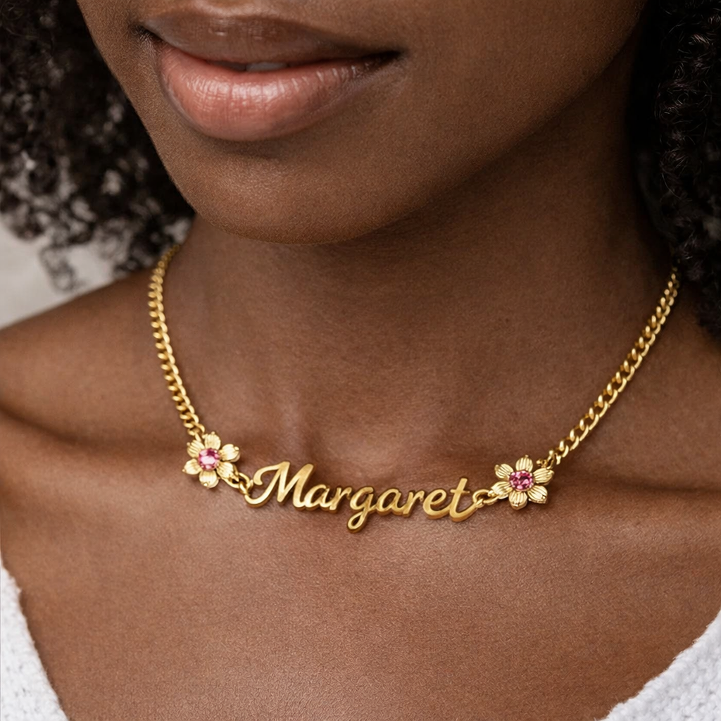 Double Flowers with Birthstones Persnalized Name Necklace