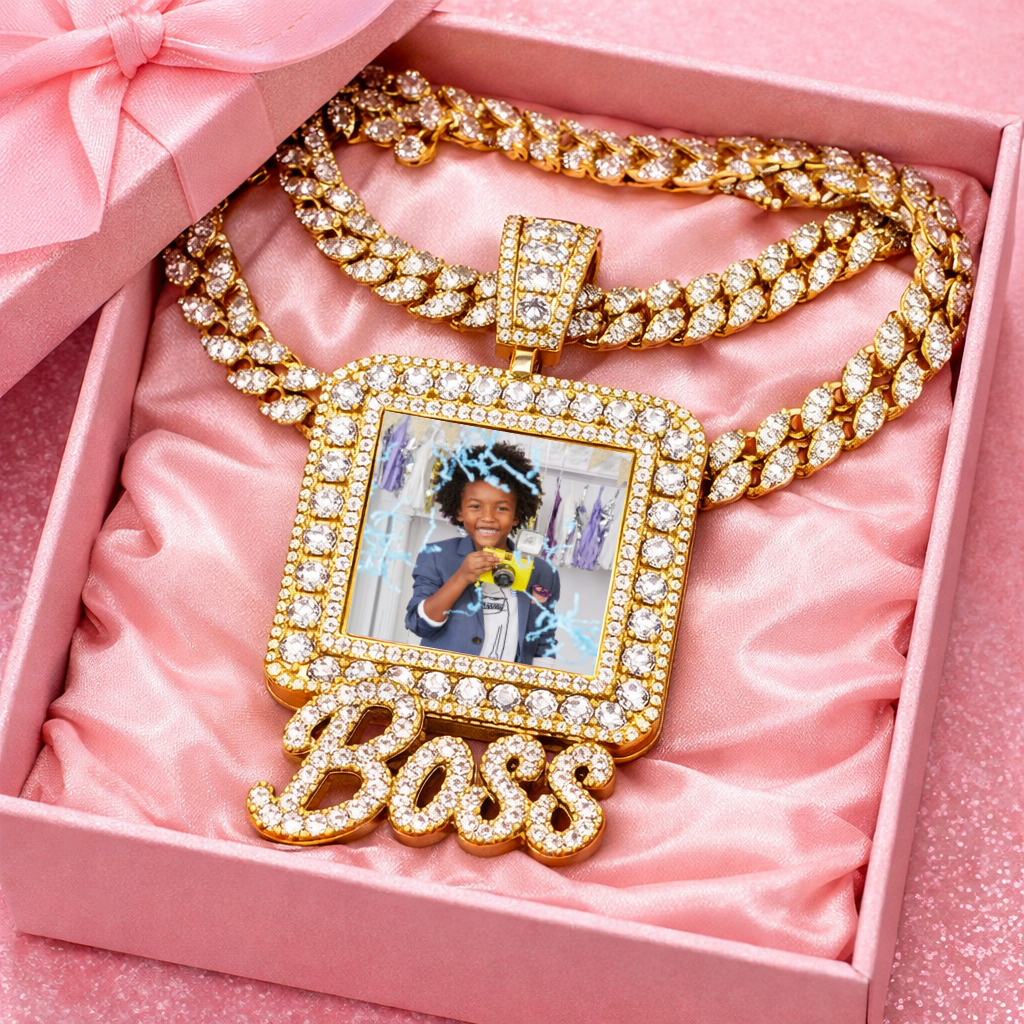 Custom Square Photo Name Iced Out Necklace Cuban Chain