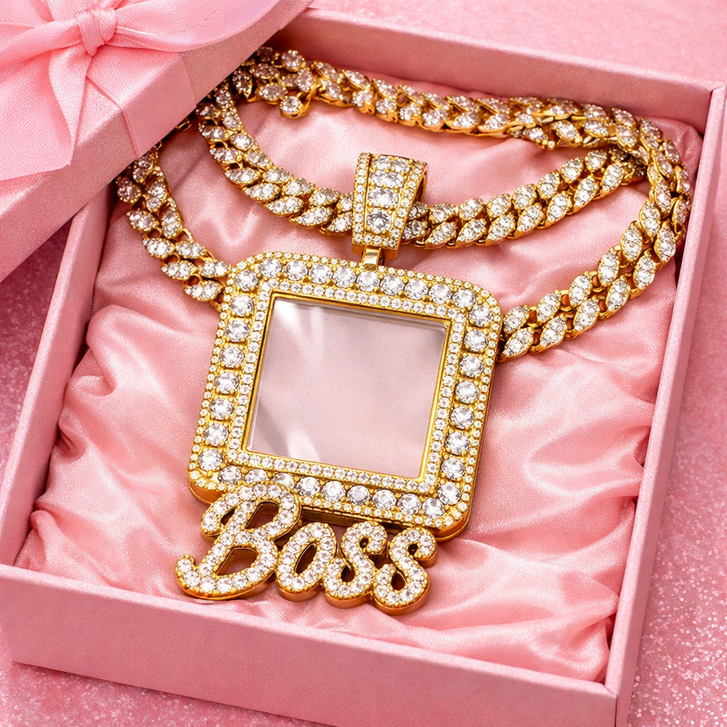 Custom Square Photo Name Iced Out Necklace Cuban Chain