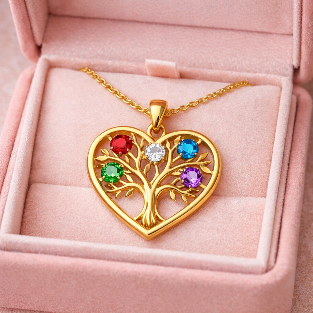 Heart Shaped Family Tree with Five Birthstone Personalized Necklace
