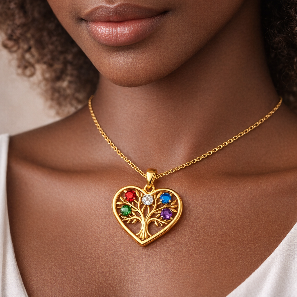Heart Shaped Family Tree with Five Birthstone Personalized Necklace