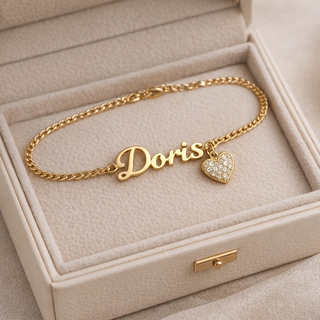 Customized Name Bracelet with Zirconia Heart Pendant Gold Plated