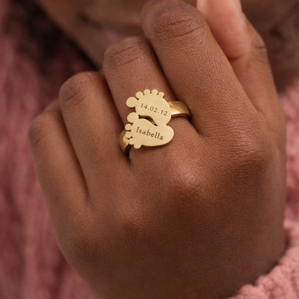 Custom Baby Feet Engraved Name Ring Name & Date Keepsake