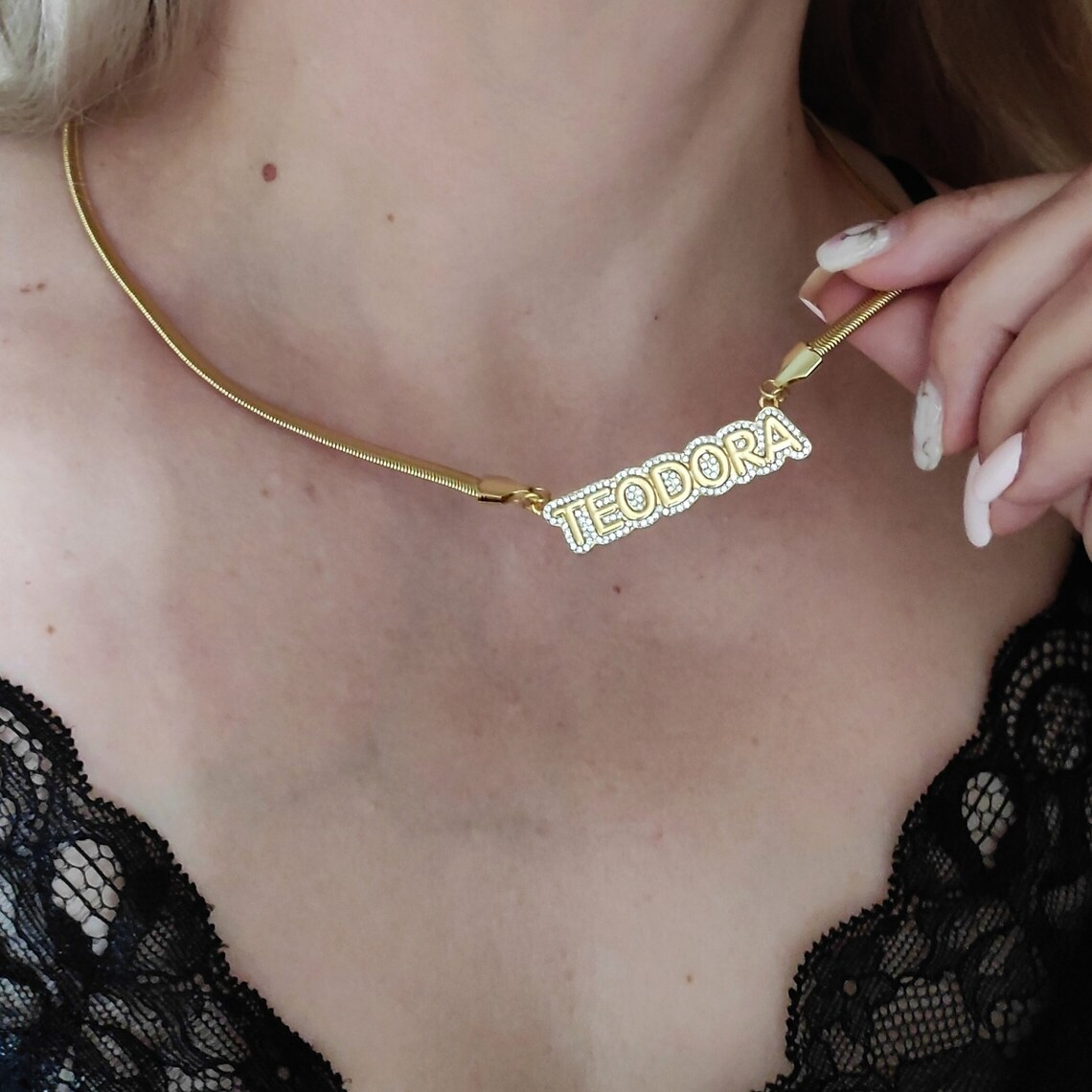 Snake Chain Crystal Nameplate Personalized Necklace