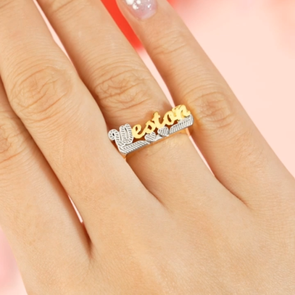 Two Tone Double Layer Nameplate Personalized Heart Name Rings