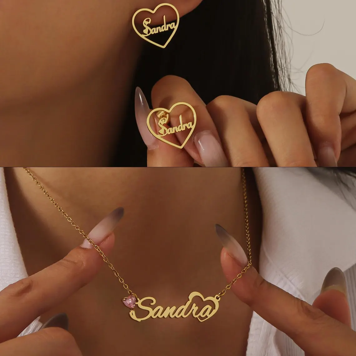 Heart Birthstone Nameplate Necklace and Stud Earrings Set