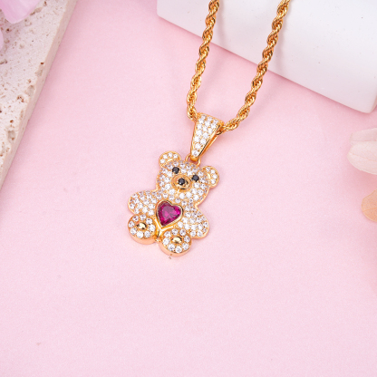 Teddy Bear Pendant Heart Birthstone Personalized Custom Necklace
