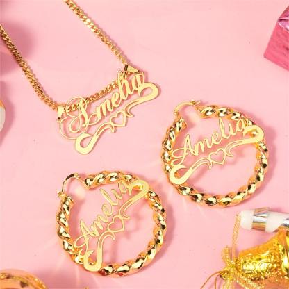Personalized Heart Name Necklace and Twist Hoop Name Earrings Jewelry Set