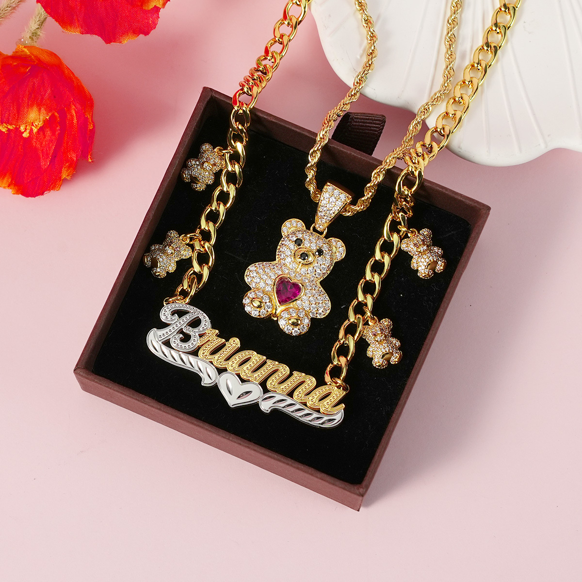 Personalized Set Two Tone Name Necklace And Birthstone Bear Necklace