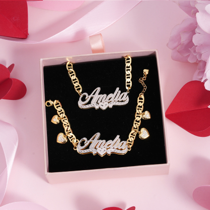 Mariner Chain Double Layer With Heart Pendant Personalized Name Necklace And Name Bracelet Set
