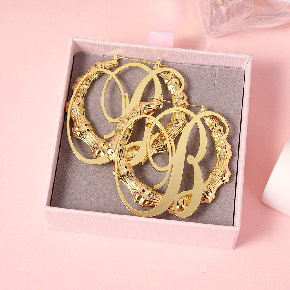 Personalized Custom Gold Plated Initial A-Z Letter Bamboo Name Earrings Gift For Her