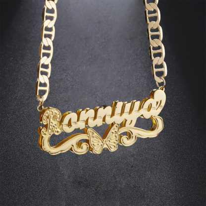 Custom Butterfly Nameplate Double Plated Name Necklace