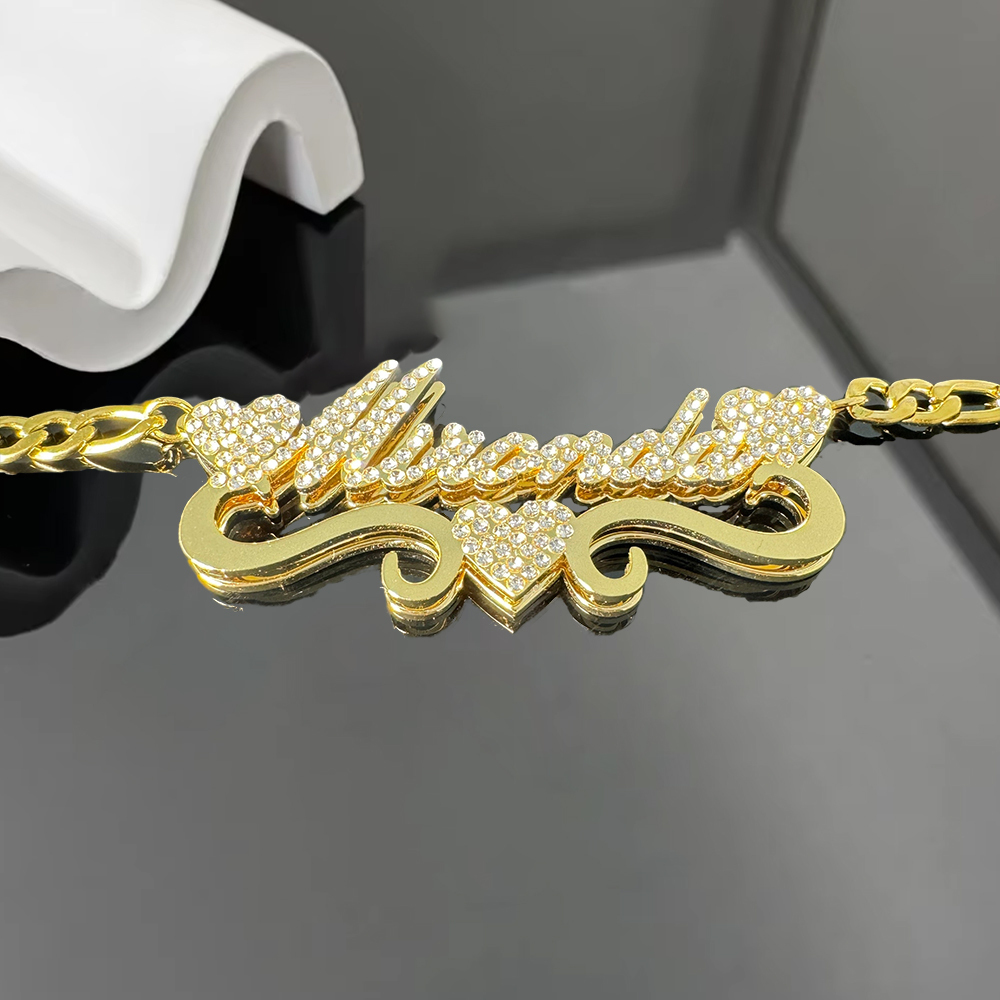Bling Zircon Necklace Personalized Double Layer Name Necklace with Three Hearts