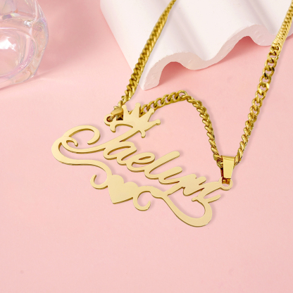Custom Crown Heart Name Necklace With Cuban Chain