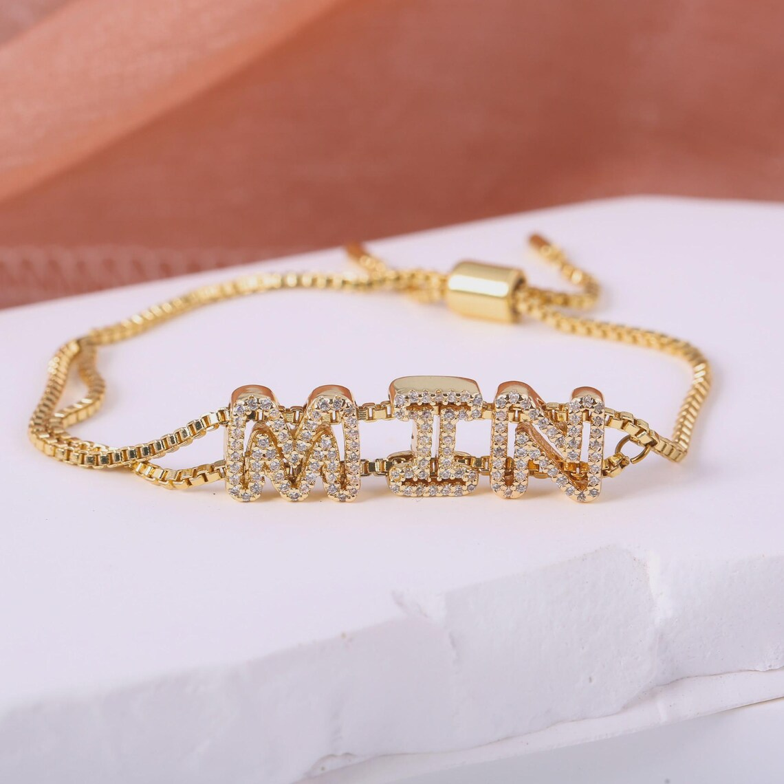Custom Shiny Hollow Letter Diamond Cut Name Bracelet Box Chain