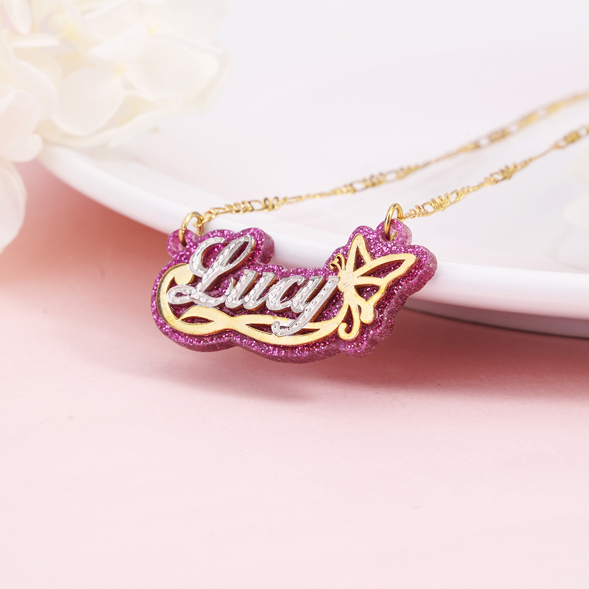 Acrylic Double Layer Two Tone Butterfly Personalized Custom Gold Plated Name Necklace