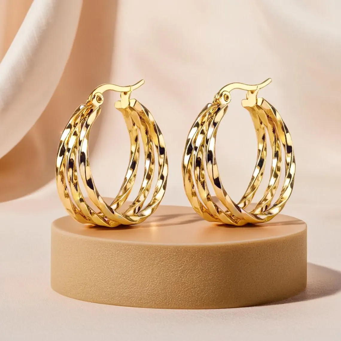 25mm Three Layer Circle Twist Hoop Women Earrings Stainless Steel