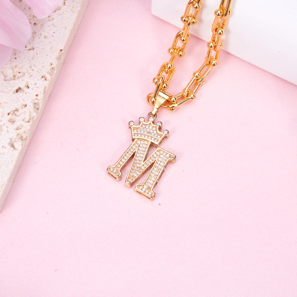 U Shaped Lock Chain Personalized Crown Letter Initial Necklace