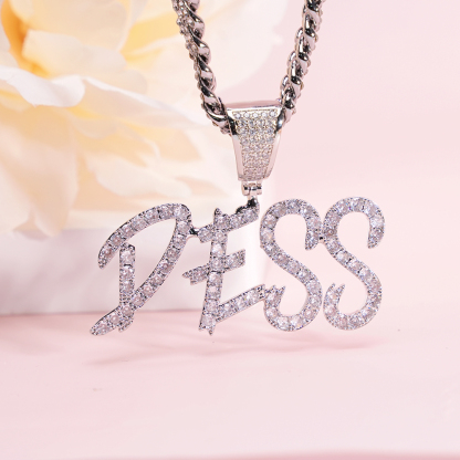 Cuban Chain Iced Out Custom Double Row Zircon 2 to 6 Letters Pendant Initial Necklace
