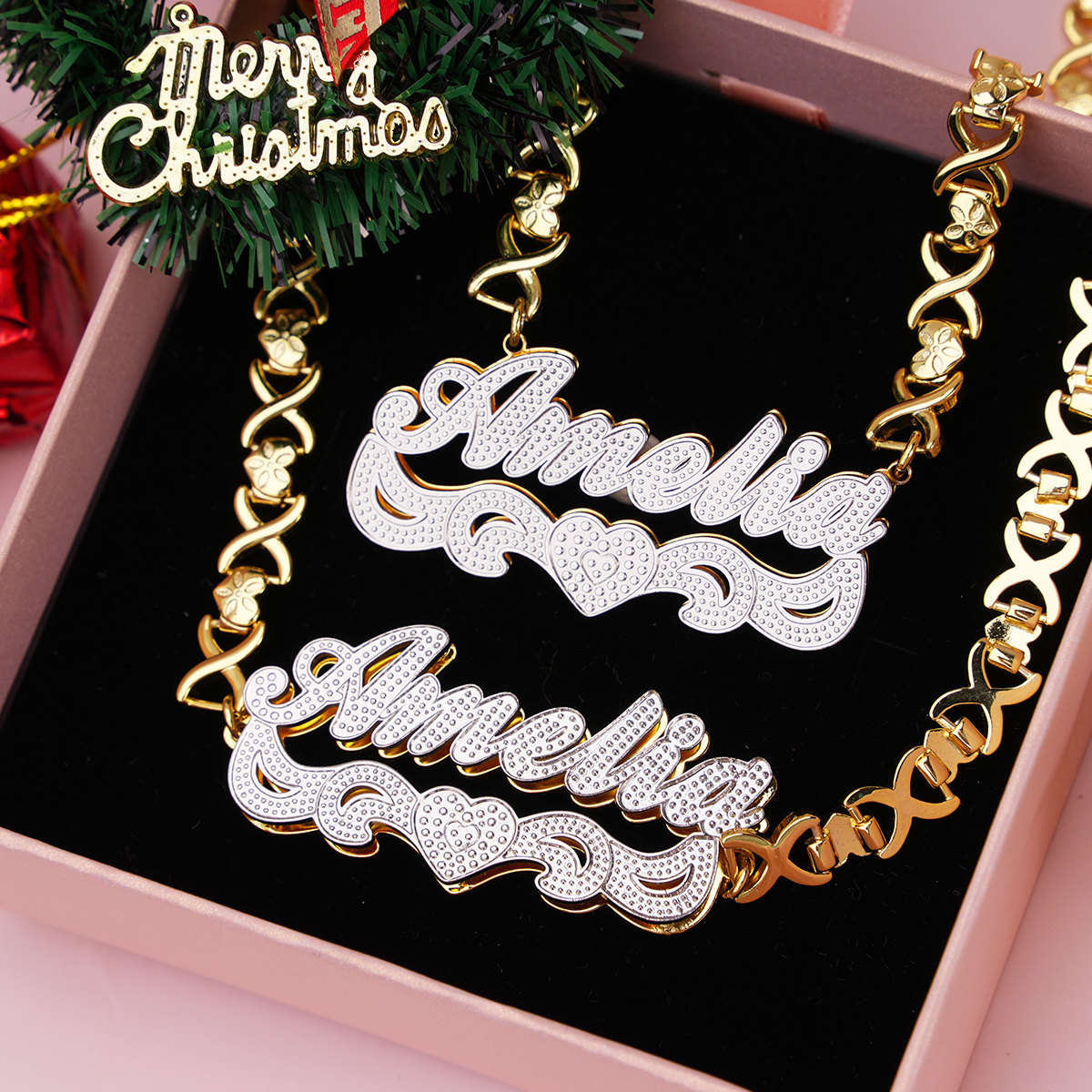 Double Layer Two-tone with Love Heart Custom Name Necklace and Bracelet Set